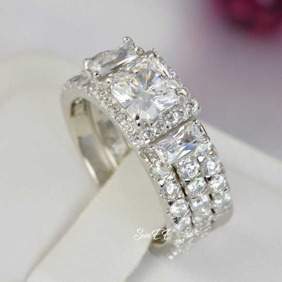 NEW 925 STERLING SILVER HALO PRINCESS DIAMOND CUT WEDDING RINGS ENGAGEMENT RINGS - Picture 1 of 5